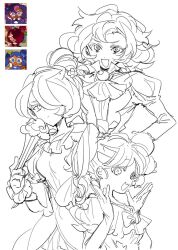  3girls :d ascot bad_id bad_twitter_id blueberry_cookie brooch bumbleberry_cookie cookie_run cookie_run:_kingdom cranberry_cookie dress fangs food-themed_hair_ornament greyscale hair_bun hair_ornament highres humanization inactive_account jewelry lineart long_hair looking_at_viewer monochrome multiple_girls nana_(ebitokanimiso) open_mouth painttool_sai_(medium) reference_inset short_hair side_ponytail simple_background single_hair_bun sketch skin_fangs smile white_background 