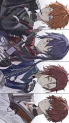  4boys akehoshi_subaru amagi_hiiro bangs_pinned_back black_gloves black_hanfu blue_eyes blue_hanfu chinese_clothes closed_mouth collar_cutout column_lineup commentary ensemble_stars! fingerless_gloves flute frown gloves green_eyes hair_between_eyes hair_over_shoulder hand_on_own_arm hanfu highres holding holding_flute holding_instrument holding_sword holding_weapon instrument isara_mao kanzaki_souma katana long_hair long_sleeves looking_at_viewer male_focus multiple_boys one_eye_closed orange_hair orange_hanfu parted_lips ponytail purple_hair red_hair red_hanfu sheath shimal_l short_hair sidelocks sideways simple_background smile sword two-tone_hanfu unsheathing v-shaped_eyebrows violet_eyes weapon white_background white_hanfu 