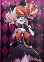  1girl absurdres ahoge black_bow black_dress black_nails bow colored_skin commentary_request cross-shaped_pupils diamond-shaped_pupils diamond_(shape) double_bun dress fangs gradient_eyes green_eyes grey_skin hair_bow hair_bun highres hololive hololive_indonesia kureiji_ollie kureiji_ollie_(1st_costume) looking_at_viewer medium_hair multicolored_eyes nail_polish open_mouth patchwork_skin pink_streaks red_eyes red_hair smile solo sword symbol-shaped_pupils torn_clothes torn_dress weapon yellow_eyes yuni_animal_(remyi_3) zombie 