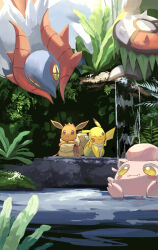  backpack bag brown_background brute_bonnet closed_mouth clothed_pokemon commentary_request eevee fangs fern highres no_humans on_rock one_eye_closed open_mouth outdoors pikachu pokemon pokemon_(creature) pokemon_focus rock scarf scream_tail slither_wing spikes water white_scarf yamaori_(hakkentai_pokedan) yellow_eyes 