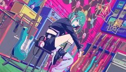  1girl amplifier aqua_eyes aqua_hair asymmetrical_clothes asymmetrical_pants bass_guitar black_jacket black_shoes bob_cut candy closed_mouth colored_inner_hair colorful_palette ear_piercing find_the_dream_view_(project_sekai) food grey_pants grey_socks hair_ornament hairclip hatsune_miku headphones highres holding holding_candy holding_food holding_lollipop instrument jacket leo/need_miku lollipop multicolored_hair official_alternate_costume official_alternate_hair_length official_alternate_hairstyle official_art pants piercing pink_hair poster_(object) project_sekai shoes single_pantsleg smile socks solo star_(symbol) streaked_hair two-tone_hair vinyl_record vocaloid x_hair_ornament 