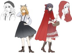  2girls alternate_costume alternate_headwear animal_ear_fluff animal_ears bandana bandana_around_neck basket beret big_bad_wolf big_bad_wolf_(cosplay) black_bow black_skirt blonde_hair boots bow braid brown_boots brown_hair cloak collared_shirt commentary_request cosplay dress full_body hair_bow hair_tubes hakurei_reimu hat high_heel_boots high_heels highres hitte5416 hood hood_up hooded_cloak kemonomimi_mode kirisame_marisa lace-up_boots little_red_riding_hood_(fairy_tale) little_red_riding_hood_(fairy_tale_character) little_red_riding_hood_(fairy_tale_character)_(cosplay) long_hair long_sleeves looking_at_viewer multiple_girls no_headwear orange_bandana red_bow red_cloak red_dress red_eyes shirt side_braid single_braid skirt suspender_skirt suspenders tail touhou white_shirt wolf_ears wolf_girl wolf_tail 