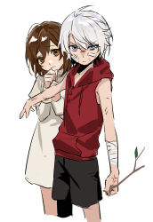  1boy 1girl absurdres aged_down anger_vein angry bandage_on_face bandaged_arm bandages blue_eyes branch brown_eyes brown_hair couple devil_may_cry_(series) dress hair_between_eyes hand_on_own_chin hashtag-only_commentary head_tilt hiding hiding_behind_another highres holding holding_branch hood hood_down hoodie klm066052 kyrie_(devil_may_cry) loli long_sleeves looking_at_viewer nero_(devil_may_cry) red_hoodie scared shaded_face shorts shota simple_background sleeveless sleeveless_hoodie standing upper_body white_background white_hair 