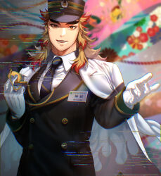  1boy :d alternate_costume black_hat black_jacket black_pants black_suit blonde_hair blue_necktie blurry blurry_background buttons cape collared_shirt contemporary flame_print forked_eyebrows formal_clothes gloves hand_up hashimoto_(yanagi-momo) hat holding holding_pocket_watch jacket kimetsu_no_yaiba long_hair long_sleeves looking_at_viewer male_focus multicolored_hair name_tag necktie open_mouth orange_eyes pants pocket_watch red_hair rengoku_kyoujurou shirt smile solo suit teeth thick_eyebrows two-tone_hair upper_body watch white_cape white_gloves white_shirt 
