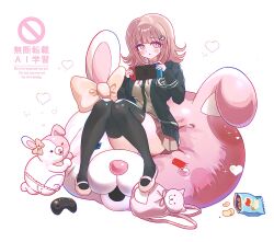 1girl :o animal_bag blush breasts brown_hair brown_skirt cat_bag da15uki danganronpa_(series) danganronpa_2:_goodbye_despair diaper flipped_hair food hair_ornament handheld_game_console hashtag-only_commentary highres holding holding_handheld_game_console jacket long_sleeves looking_at_viewer medium_hair monomi_(danganronpa) nanami_chiaki open_clothes open_jacket pink_bag pink_eyes pleated_skirt shirt shoes skirt thigh-highs two-tone_shirt watermark white_shirt 