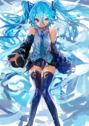  1girl absurdres black_skirt black_sleeves black_thighhighs blue_eyes blue_hair blue_necktie closed_mouth commentary detached_sleeves grey_shirt hair_between_eyes hair_ornament hatsune_miku highres kaamin_(mariarose753) long_hair looking_at_viewer necktie shirt simple_background skirt sleeveless sleeveless_shirt solo thigh-highs twintails very_long_hair vocaloid 