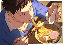  1boy absurdres border brown_eyes brown_hair chopsticks commentary_request eating egg_(food) food food_in_mouth highres holding holding_chopsticks magurosamm male_focus nijisanji noodles solo virtual_youtuber white_border yashiro_kizuku 