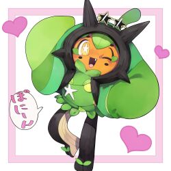  1girl :d colored_skin eyewear_on_head fang full_body highres looking_at_viewer ogerpon one_eye_closed orange_skin pokemon pokemon_(creature) smile solo standing star-shaped_eyewear star-shaped_pupils star_(symbol) symbol-shaped_pupils yellow_eyes youjo_modoki 