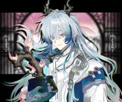  1boy arknights bead_bracelet beads blue_hands blue_streaks bonsai bracelet chinese_commentary closed_mouth colored_extremities commentary_request dragon_boy dragon_horns earrings eastern_dragon_horns flower_pot grey_hair hair_between_eyes highres holding holding_flower_pot horns jacket jewelry long_hair looking_at_viewer male_focus multicolored_hair pink_eyes pointy_ears smile solo streaked_hair upper_body white_jacket xuan_li yi_(arknights) 