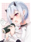  1girl absurdres blush demon_girl demon_horns facing_to_the_side food grey_hair hakase_fuyuki highres horns looking_to_the_side nijisanji open_mouth red_eyes short_hair solo sushi translation_request virtual_youtuber yayoi_asuka 