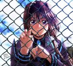  1girl artist_name blue_necktie brown_hair clouds collared_shirt commission crying crying_with_eyes_open dated fence grey_jacket hair_intakes highres jacket looking_at_viewer military military_uniform muvluv muvluv_alternative muvluv_total_eclipse necktie parted_lips popmaru_chuui portrait shirt skeb_commission sky solo takamura_yui tears uniform violet_eyes 
