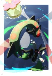  animal_hands black_fur bug commentary dragonfly_wings ewokakukaede fangs flying green_fur highres insect_wings meowscarada multiple_wings no_humans pawpads pokemon pokemon_(creature) pokemon_focus symbol-only_commentary wings yanmega 