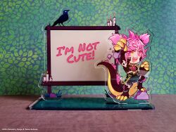  1girl acrylic_stand_(medium) alternate_costume arm_up artist_request belt bird black_belt bone_hair_ornament candle chain claws colored_sclera commentary company_name copyright_notice debris doki_doki_literature_club english_commentary english_text eyelashes fire full_body grass hair_ornament heart highres merchandise_available monster_girl natsuki_(doki_doki_literature_club) official_art open_mouth photo_(medium) pink_eyes pink_hair rock second-party_source sharp_teeth short_hair shorts slit_pupils smile solo spiked_belt spikes spines tail teeth torn_clothes torn_shorts two_side_up upper_teeth_only whiteboard yellow_sclera 