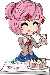  1girl :q ^_^ animal-themed_food artist_request blazer blue_skirt blush closed_eyes collared_shirt commentary cupcake doki_doki_literature_club doki_doki_literature_club_school_uniform english_commentary food full_body grey_jacket hair_ornament hair_ribbon hairclip holding holding_food icing_on_face jacket kneeling long_sleeves merchandise_available natsuki_(doki_doki_literature_club) neck_ribbon no_nose official_art orange_sweater_vest petals picnic_blanket pink_hair pink_petals plate red_ribbon ribbon school_uniform second-party_source shirt shoes short_hair skirt smile socks solo sweater_vest tongue tongue_out transparent_background two_side_up white_shirt white_shoes white_socks youtooz 