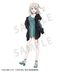  1girl alternate_hairstyle artist_request black_jacket blue_dress blush dress eila_ilmatar_juutilainen full_body grey_eyes grey_hair happy jacket long_hair looking_at_viewer official_alternate_costume official_art open_mouth sample_watermark sandals smile solo standing strike_witches watermark world_witches_series 