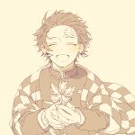  1boy ^_^ bangs blush checkered_clothes closed_eyes demon_slayer_uniform earrings facing_viewer flower giving haori happy holding holding_flower incoming_gift japanese_clothes jewelry kamado_tanjirou kimetsu_no_yaiba laughing long_sleeves male_focus monochrome open_mouth outstretched_arms own_hands_together reaching_out scar scar_on_face scar_on_forehead shiki_2589 short_hair simple_background solo wide_sleeves 