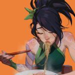  1girl akali bangs bare_shoulders black_hair bowl breasts chopsticks closed_eyes eating food green_hairband green_shirt hairband highres holding holding_chopsticks league_of_legends long_hair medium_breasts noodles orange_background ponytail qi_mang_(qimang) ramen shirt solo symbol-only_commentary upper_body weapon 