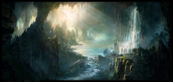  cave_interior commentary english_commentary highres lake landscape light_rays original painterly plant raphael-lacoste river rock scenery stalactite stalagmite underground water waterfall 