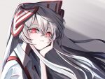  1girl biting bow collared_shirt commentary fujiwara_no_mokou grey_hair hair_between_eyes hair_bow hand_on_own_cheek hand_on_own_face highres lip_biting long_hair looking_at_viewer red_bow red_eyes shirt sidelocks solo suspenders touhou tsune_(tune) two-tone_bow upper_body white_bow white_shirt wing_collar 