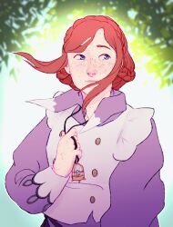  1girl animated animated_gif blue_eyes caelytrix closed_mouth commentary english_commentary floating_hair freckles gift_art highres holding holding_jewelry holding_necklace jewelry kyokugen_dasshutsu kyokugen_dasshutsu_adv:_zennin_shibou_desu leaf lips long_sleeves looping_animation luna_(kyokugen_dasshutsu) necklace orange_hair outdooors purple_shirt second-party_source shirt sidelocks solo upper_body vest white_vest 