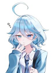  1girl 1ka2m0 :t ahoge alternate_costume blue_eyes blue_hair blue_jacket blue_necktie closed_mouth collared_shirt commentary_request drop-shaped_pupils furina_(genshin_impact) genshin_impact hair_between_eyes hair_intakes hand_up highres huge_ahoge jacket long_sleeves mismatched_pupils multicolored_hair necktie open_clothes open_jacket shirt simple_background sleeves_past_wrists solo streaked_hair symbol-shaped_pupils upper_body white_background white_shirt 