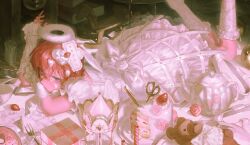  1girl absurdres angel angel_wings blue_eyes bow cake candle closed_mouth doughnut dress dress_bow dress_flower expressionless facial_mark flower food food_on_head hair_between_eyes halo highres idolmaster idolmaster_million_live! julia_(idolmaster) looking_at_viewer lying object_on_head on_stomach puffy_short_sleeves puffy_sleeves red_hair rocking_horse scissors short_hair short_sleeves solo star_(symbol) star_facial_mark strawberry_cake stuffed_animal stuffed_toy teapot teddy_bear thigh-highs white_arm_warmers white_bow white_dress white_flower white_halo white_thighhighs white_wings wings yatatashira 