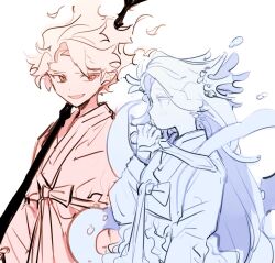  1boy 1girl alternate_costume bad_id bad_twitter_id blue_theme blush bow color_contrast commentary cookie_run coral_hair_ornament couple fiery_hair fire_spirit_cookie hair_ornament hetero holding holding_staff holding_sword holding_weapon humanization inactive_account japanese_clothes kimono liquid_hair long_hair multiple_monochrome nana_(ebitokanimiso) orange_theme painttool_sai_(medium) pointy_ears sea_fairy_cookie short_hair simple_background sketch smile staff sword symbol-only_commentary weapon white_background 