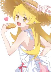  1girl absurdres animal back blonde_hair blush_stickers dog dress fang hair_flaps hand_on_own_hip hat heart highres holding holding_animal holding_dog long_hair looking_at_viewer monogatari_(series) open_mouth oshino_shinobu pink_ribbon pointy_ears raikun_nekoneko ribbon skin_fang solo standing straw_hat upper_body white_background white_dress yellow_eyes 