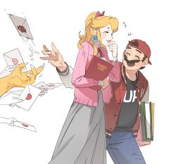  1girl 2boys :d ^_^ alternate_costume alternate_universe anger_vein backwards_hat baseball_cap black_hair black_shirt blue_pants book bow bowser bowser_logo brown_hair cardigan claws closed_eyes collar collared_shirt colored_skin commentary_request denim earrings facial_hair flick grey_skirt hair_bow hat highres holding holding_book jacket jeans jewelry korean_commentary laughing letterman_jacket long_hair love_letter mario multiple_boys mustache open_cardigan open_clothes out_of_frame pants pink_bow pink_cardigan pink_ribbon ponytail princess_peach red_hat red_jacket ribbon shirt short_hair skirt smile sphere_earrings ssuregigame upper_body white_background white_collar white_shirt yellow_skin 
