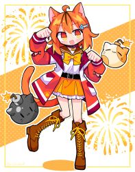  1girl :3 :d ahoge belt black_belt blush bomb boots bow bowtie brown_boots brown_sailor_collar character_request collar commentary_request copyright_request explosive fang fireworks frilled_skirt frills full_body hands_up highres inset_border jacket knee_boots lace-up_boots long_sleeves looking_at_viewer open_clothes open_jacket open_mouth orange_eyes orange_hair orange_skirt outline paw_pose polka_dot polka_dot_background red_collar red_jacket richard_(richaball) sailor_collar school_uniform serafuku shirt short_hair skirt smile solo standing standing_on_one_leg two-tone_background white_background white_outline white_shirt yellow_bow yellow_bowtie 
