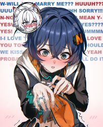  1boy 1girl absurdres animal_ear_fluff animal_ears belle_(zenless_zone_zero) blue_hair blush cat_boy cat_ears chibi earrings english_text fingernails gloves green_eyes hair_between_eyes hair_ornament hand_focus hetero highres hood hood_down jewelry letter_hair_ornament marriage_proposal nervous nose_blush open_mouth pov pov_hands ring self-upload seth_lowell signature simple_background spoken_blush sweat trembling violet_eyes white_hair white_kojinak zenless_zone_zero 