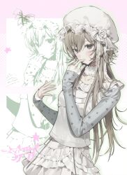  1girl absurdres blue_nails blush brown_hair cat choker eyelashes finger_to_mouth fingernails frilled_hat frilled_shirt frilled_skirt frills fur_choker grey_eyes grey_sleeves hair_between_eyes hand_up hat hat_ribbon highres lace-trimmed_sleeves lace_trim long_hair long_sleeves looking_at_viewer mob_cap nyzziz original pink_background ribbon shirt skirt solo star_(symbol) star_print upper_body white_background white_hat white_ribbon white_shirt white_skirt zoom_layer 