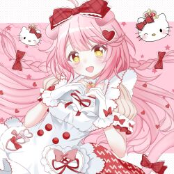  1girl :d absurdres animal_ears arknights biekuwangguanhuidiao blush bow braid cat_ears cat_girl cat_tail chinese_commentary collar commentary_request dress floating_hair frilled_bow frilled_collar frilled_dress frills goldenglow_(arknights) goldenglow_(party_in_the_garden)_(arknights) hair_bow hair_ornament hands_up heart heart_hair_ornament heart_hands hello_kitty hello_kitty_(character) highres long_hair pink_background pink_hair polka_dot polka_dot_background puffy_short_sleeves puffy_sleeves red_bow sanrio short_sleeves smile solo tail tail_bow tail_ornament twin_braids upper_body white_dress yellow_eyes 