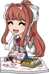  1girl ^_^ artist_request bento blue_skirt blush book breasts brown_hair brown_thighhighs closed_eyes collared_shirt commentary deformed doki_doki_literature_club doki_doki_literature_club_school_uniform english_commentary eyelashes food full_body grey_jacket hair_intakes hair_ribbon holding holding_book holding_pen jacket kneeling long_hair long_sleeves merchandise_available monika_(doki_doki_literature_club) no_nose official_art open_book open_mouth orange_sweater_vest pen petals picnic_blanket pink_petals ponytail ribbon school_uniform second-party_source shirt shoes sidelocks skirt smile solo sweater_vest teeth thigh-highs transparent_background upper_teeth_only white_ribbon white_shirt white_shoes youtooz 