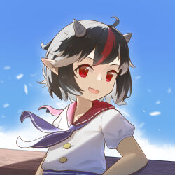  1girl against_railing black_hair commentary commission cone_horns dress edsky0309 english_commentary grey_hair grey_horns highres horns kijin_seija looking_at_viewer mixed-language_commentary multicolored_hair open_mouth pointy_ears puffy_short_sleeves puffy_sleeves railing red_eyes red_hair short_sleeves small_horns smile solo streaked_hair touhou white_dress 