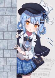  1girl :o black_bag black_capelet black_hat blue_hair blue_necktie blue_skirt braid braided_hair_rings brown_eyes capelet collared_shirt commentary_request commission cowboy_shot deerstalker frilled_skirt frills grey_vest hair_rings hat highres long_sleeves looking_at_viewer mahou_shoujo_no_majo_saiban necktie open_mouth peeking_out plaid_clothes plaid_skirt pleated_skirt shirt short_hair skeb_commission skirt solo standing tachibana_sherry vest yua_666666 