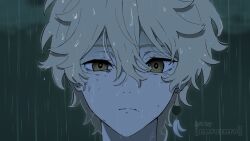  1boy aether_(genshin_impact) artist_name blonde_hair chainsaw_man close-up closed_mouth earrings genshin_impact hair_between_eyes hashtag-only_commentary highres jewelry looking_at_viewer male_focus nerozero portrait rain reze's_eye_twitch_(chainsaw_man) single_earring solo wet wet_hair yellow_eyes 