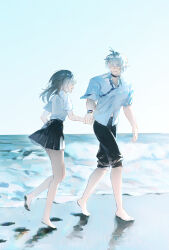  1boy 1girl absurdres annann_nna barefoot beach black_choker black_pants black_skirt blue_necktie blue_sky choker chrysos_heirs_school_uniform closed_eyes collared_shirt commentary couple day eyewear_on_head full_body glasses grey_hair hair_over_eyes hetero highres holding_hands honkai:_star_rail honkai_(series) long_hair loose_necktie necktie ocean official_alternate_costume outdoors pants pants_rolled_up parted_lips phainon_(honkai:_star_rail) school_uniform shirt short_hair short_sleeves skirt sky smile stelle_(honkai:_star_rail) striped_clothes striped_necktie symbol-only_commentary trailblazer_(honkai:_star_rail) walking white_hair white_shirt 