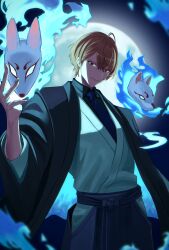  1boy absurdres ahoge blue_fire closed_mouth commentary_request fire floating_mask fox_mask full_moon highres japanese_clothes kagami_hayato looking_at_viewer magurosamm male_focus mask moon moon_behind_head nijisanji solo virtual_youtuber 