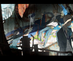  1girl 2boys belt black_hair blue_necktie brown_hair durarara!! emeth9215 graffiti grey_hoodie grey_jacket hood hoodie jacket kida_masaomi letterboxed long_sleeves multiple_boys necktie necktie_in_pocket paint paint_can pleated_skirt red_eyes ryuugamine_mikado short_hair skirt sonohara_anri 