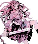  long_hair monochrome nakajima_youko pink ritsuko_(rittii) school_uniform serafuku serious skirt solo sword torn_clothes weapon 