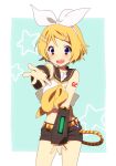  beckon blonde_hair blue_eyes detached_sleeves fang foreshortening hair_ornament hair_ribbon hairclip headphones kagamine_rin non_(hey_you!) open_mouth outstretched_arm outstretched_hand ribbon short_hair smile solo vocaloid 