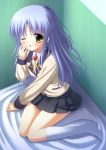  bed blazer blue_hair blush hinata_keiichi long_hair school_uniform skirt socks solo tachibana_kanade wink yellow_eyes 