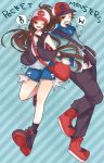  antenna_hair bag baseball_cap blue_eyes boots brown_eyes brown_hair denim denim_shorts hat high_ponytail jacket long_hair male messenger_bag open_mouth pants pokemon pokemon_(game) pokemon_black_and_white ponytail shoes short_shorts shorts smile socks sparkle speech_bubble stars touko_(pokemon) touya_(pokemon) wink wristband zipper 