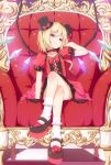  adjusting_hair armchair blonde_hair bobby_socks chair checkered checkered_floor crossed_legs d2c dress flandre_scarlet gothic_lolita hat highres legs_crossed lolita_fashion mary_janes mini_top_hat ponytail red_eyes shoes short_hair side_ponytail sitting socks solo top_hat touhou wings 