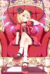  armchair blonde_hair bobby_socks chair checkered checkered_floor crossed_legs d2c dress flandre_scarlet gothic_lolita hat legs_crossed lolita_fashion mary_janes mini_top_hat ponytail red_eyes shoes short_hair side_ponytail sitting socks solo top_hat touhou wings 