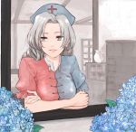  aturou0129 cabinet crossed_arms flower grey_eyes grey_hair hands hat hydrangea lips nurse_cap pitcher touhou yagokoro_eirin 