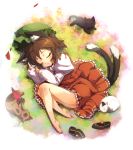  bare_legs barefoot brown_hair cat cat_ears cat_tail chen earrings feet fetal_position from_above hat highres im_(badmasa) jewelry legs long_toenails lying multiple_tails nail_polish shoes shoes_removed short_hair sleeping tail toenail_polish toenails touhou 