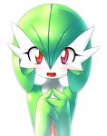  blush gardevoir green_hair hands_together happy nme no_humans open_mouth pokemon pokemon_(creature) red_eyes simple_background smile solo tears white_background 