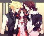  2boys aerith_gainsborough belt blonde_hair blue_eyes brown_hair cloud_strife dress female final_fantasy final_fantasy_vii final_fantasy_viii gloves green_eyes jacket long_hair male necklace omix pink_ribbon ribbon shirt short_hair sleeveless_turtleneck squall_leonhart turtleneck 